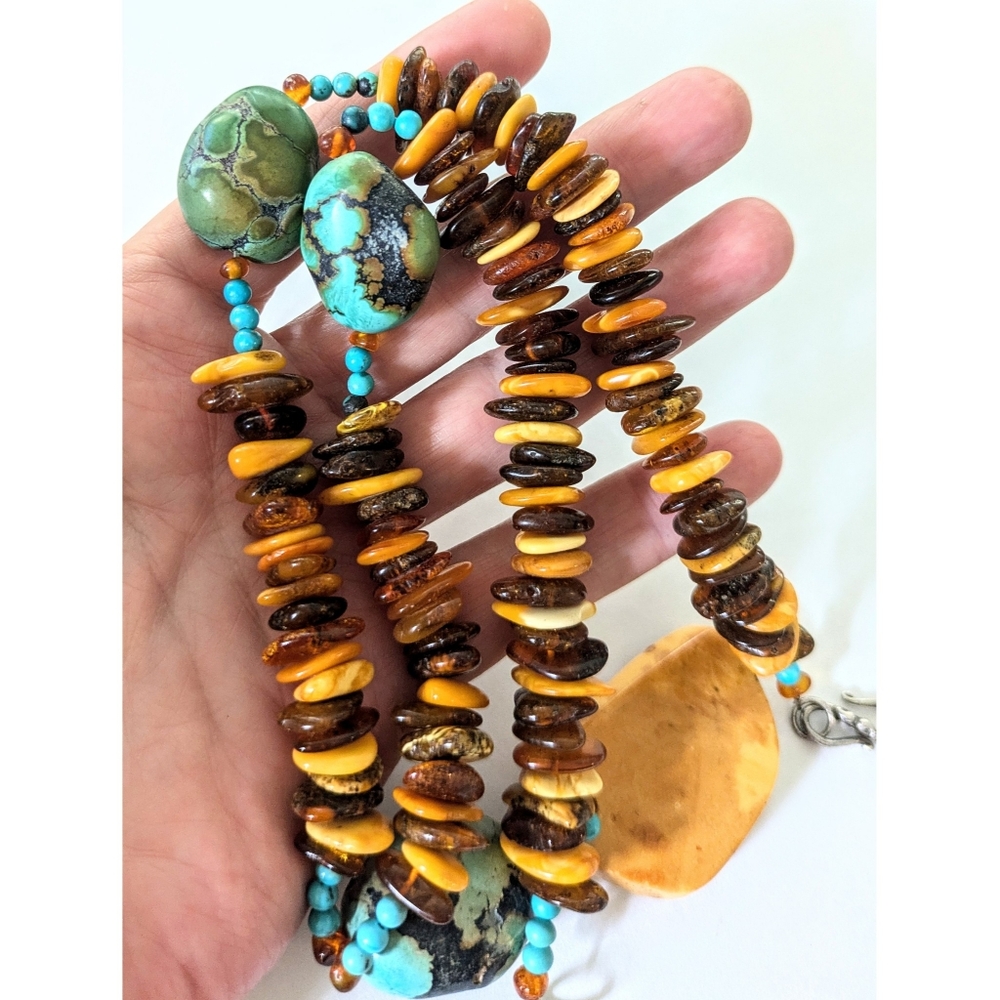 Sterling Egg Yolk Baltic Amber Blue Turquoise Chunks Beaded Pendant Necklace 22" - Picture 8 of 12